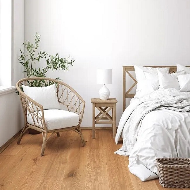 bedroom setting engineered European oak floor, showing natural floorboard elegance
